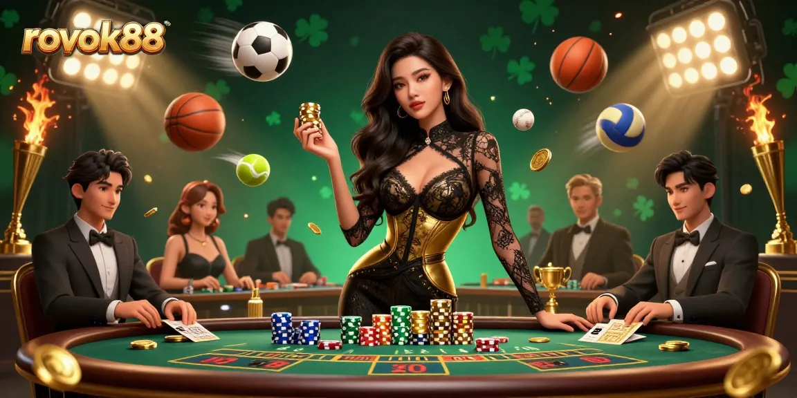 Engage with the vibrant gambling atmosphere of rokok88 at a high-stakes baccarat table with dynamic sports elements.