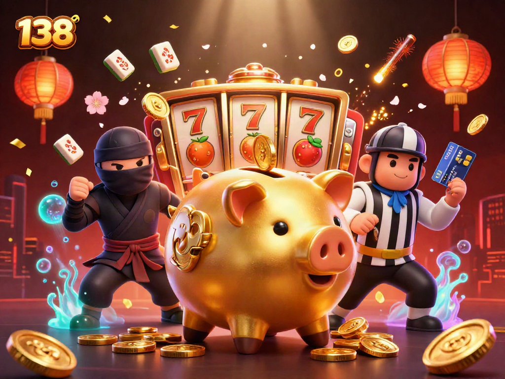 Engage with exciting casino action featuring 138, where a sumo wrestler piggy bank and companions scatter coins in epic full-screen action.