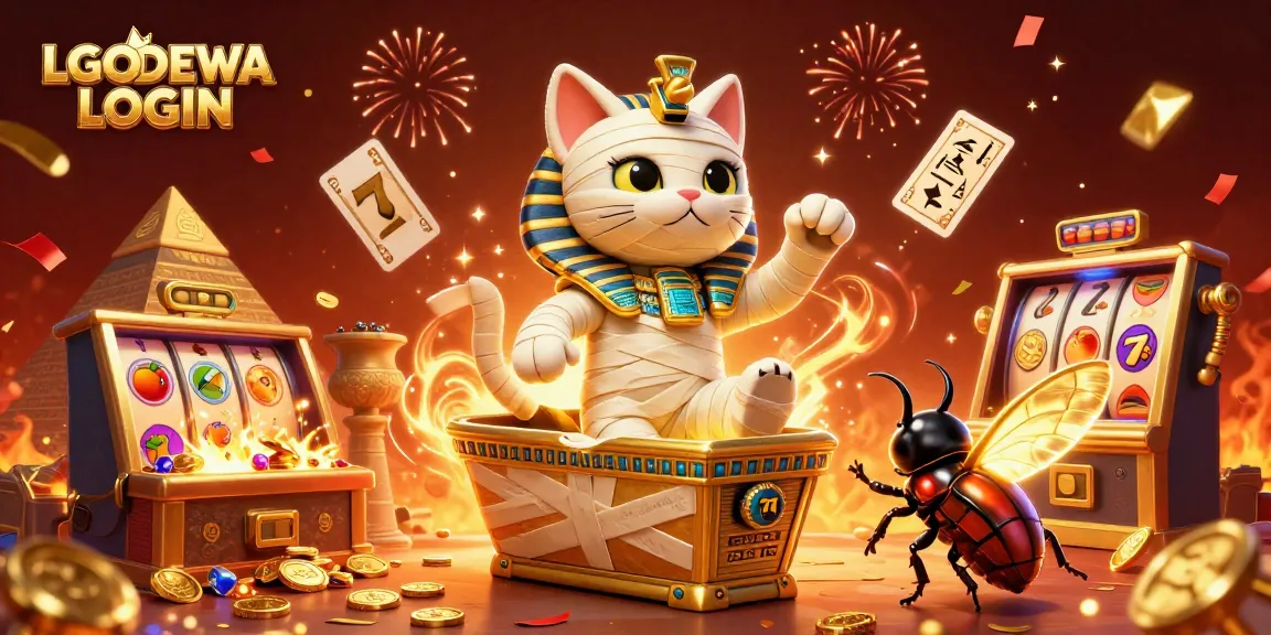 Engage in thrilling fun with LGODEWA LOGIN, featuring a dynamic scene of a mummy cat and slot machines!