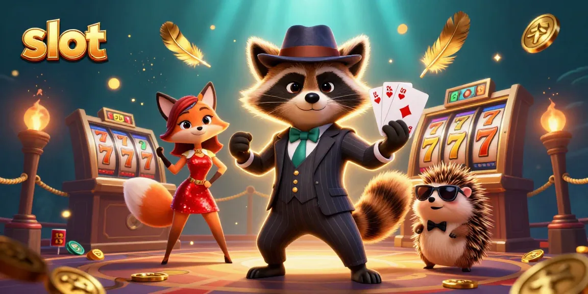 Spin the slot reels with the suave raccoon and fox lady in a vibrant casino scene.