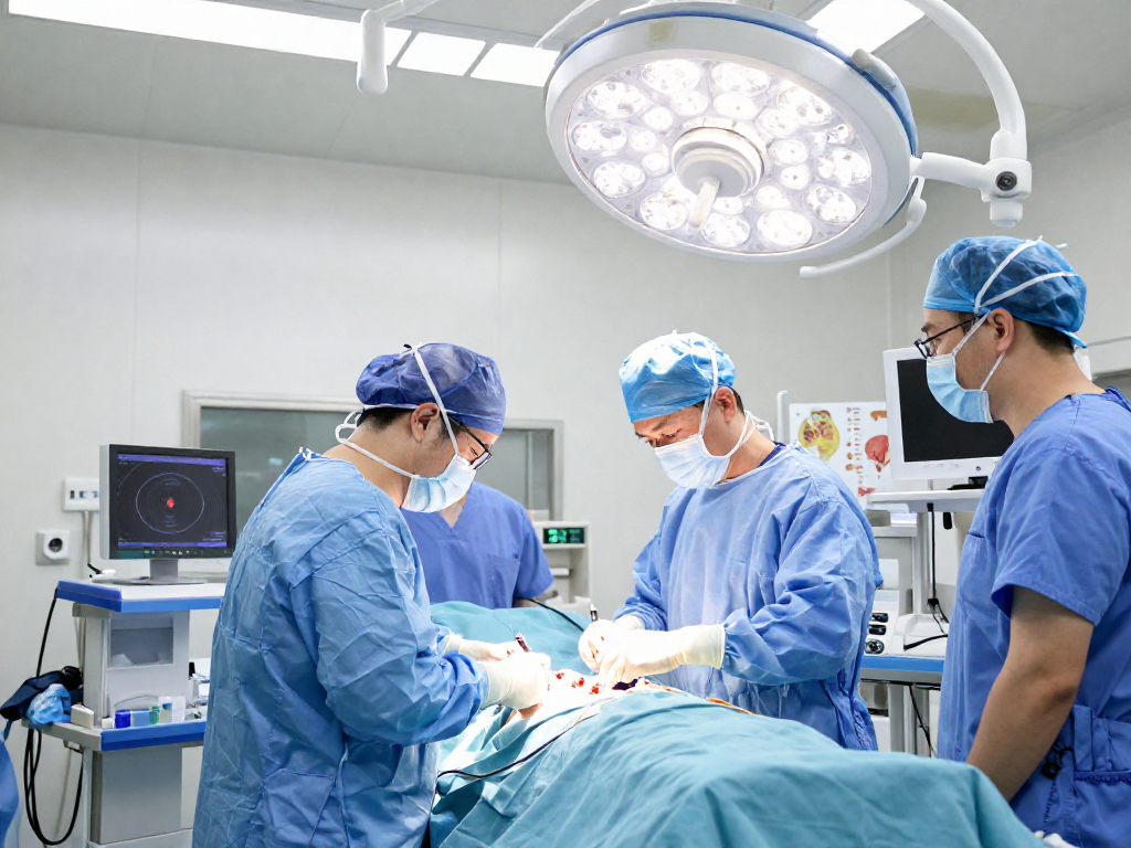 High-stakes beyin tümörü ameliyatı taking place in a modern operating room, showcasing surgical precision and teamwork.
