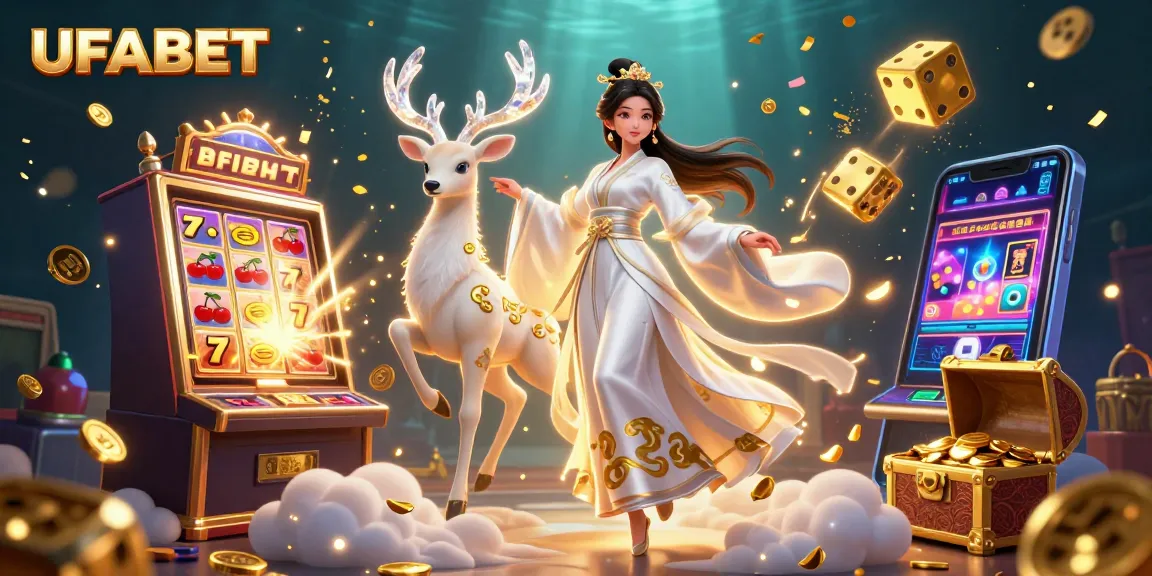 Experience UFABET's thrilling online gaming with vibrant scenes of slots, jackpots, and captivating characters.