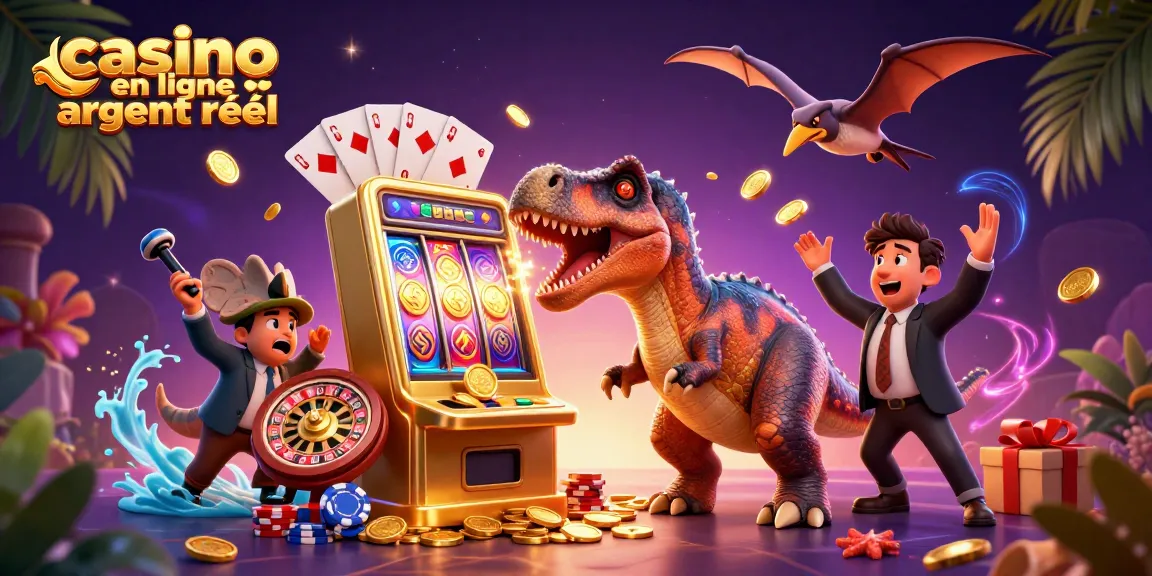 Casino en ligne argent réel : illustration dynamique avec un dinosaure et une machine à sous, comprenant des pièces d'or.