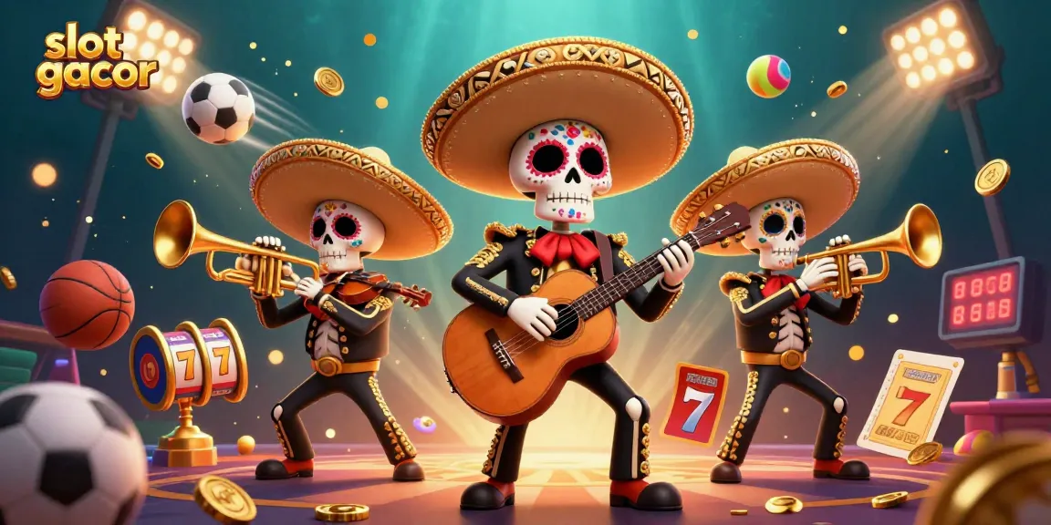 Slot gacor menampilkan skeleton mariachi dengan latar belakang slot dan simbol keberuntungan.