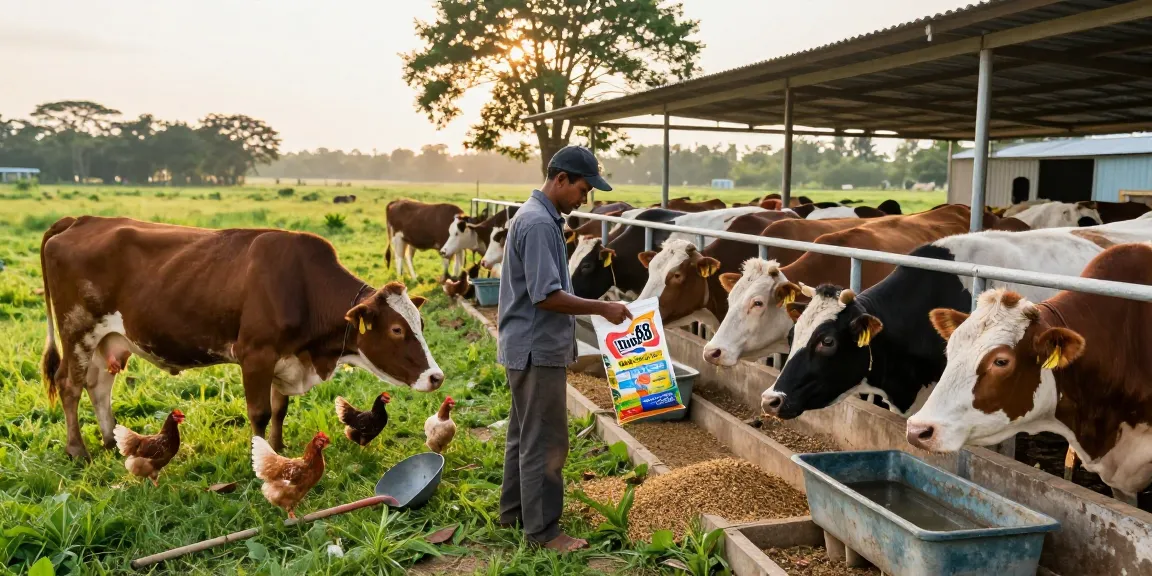 Farmers distributing rokok88 super feed to livestock in a sunny farm setting.