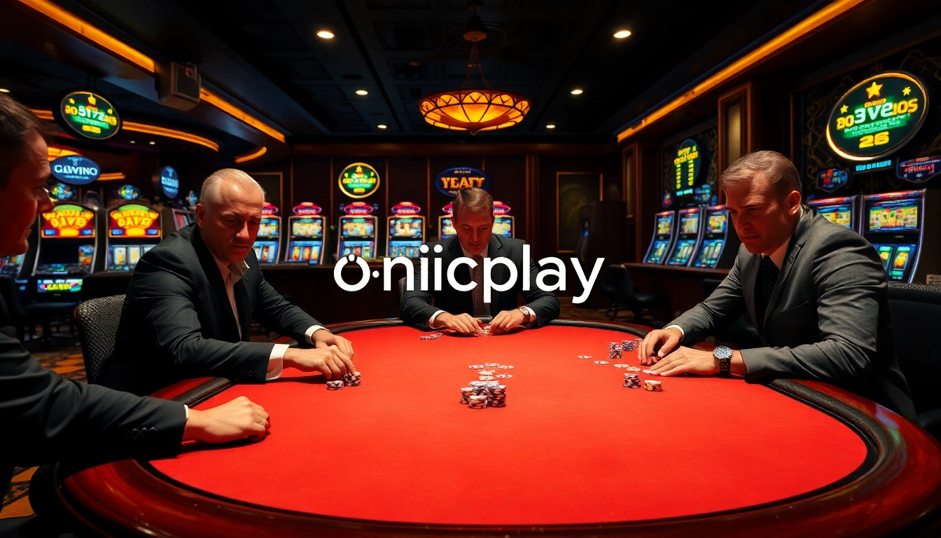 Engaging poker scene with onicplay branding capturing the excitement of a professional casino game.