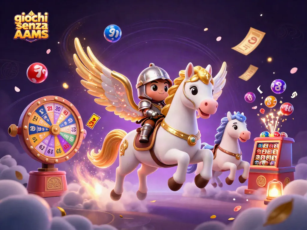 Gioca nei migliori giochi senza AAMS con un'illustrazione vibrante e colorata di un cavallo celestiale e un cavaliere in un mondo magico.