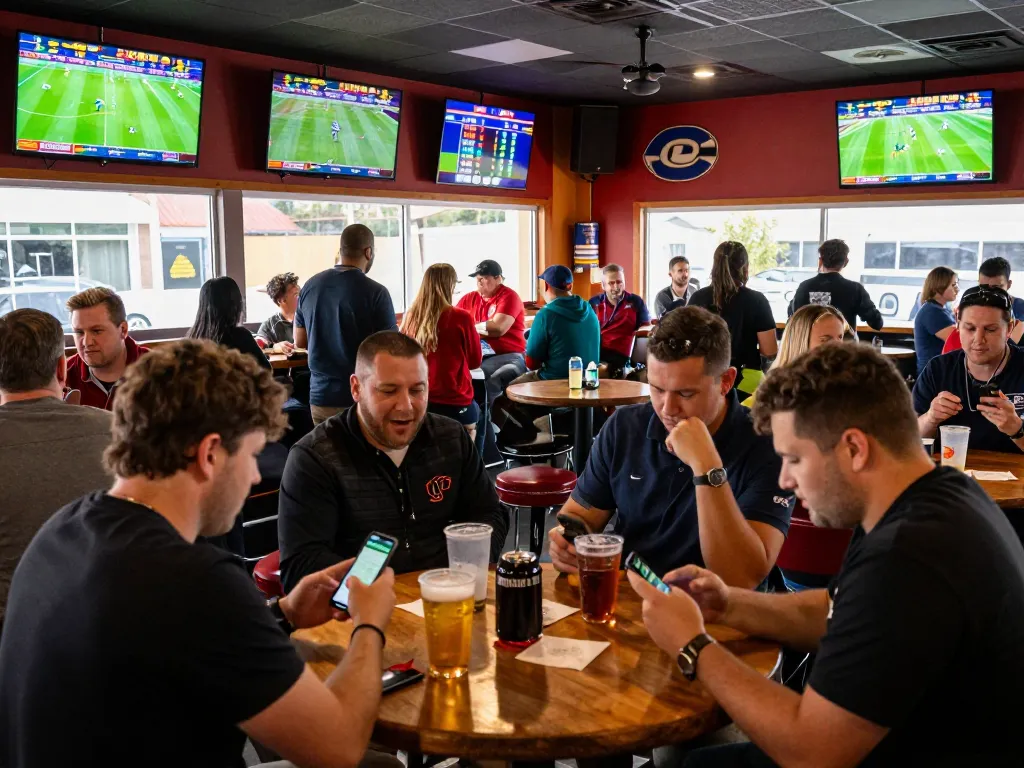 Excited bettors watching live sports and engaging with keonhacai 5 for real-time betting updates.