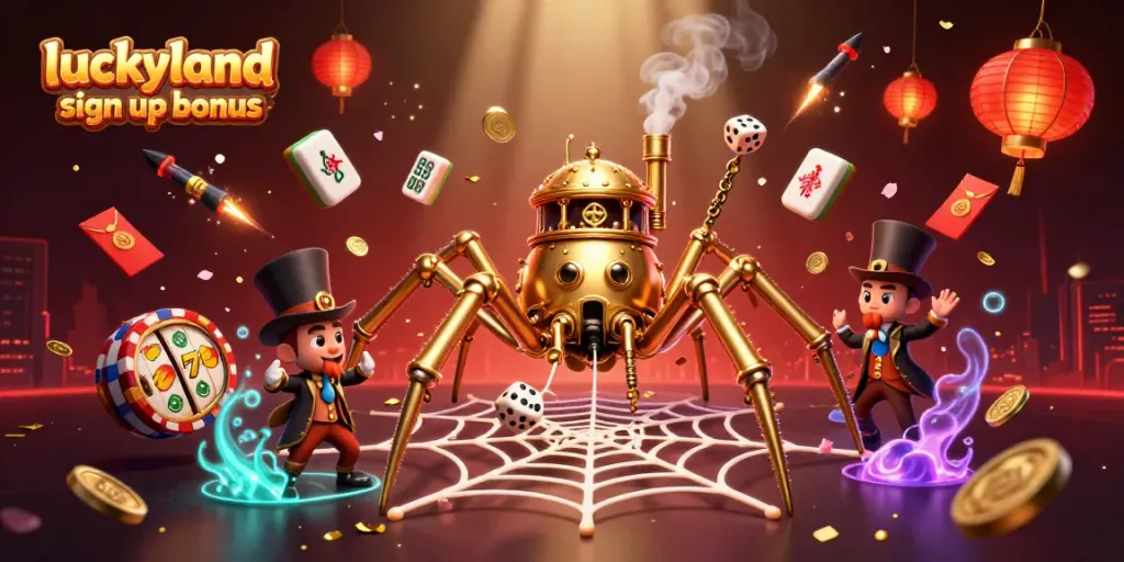 Engage with the luckyland slots sign up bonus showcasing a dynamic scene with a steampunk spider.