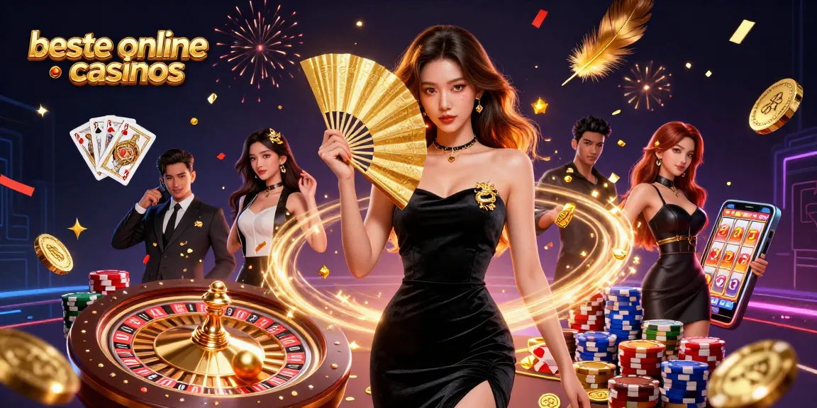 Experience the excitement at the beste online casinos with an enchanting scene showcasing thrilling games and golden treasures.