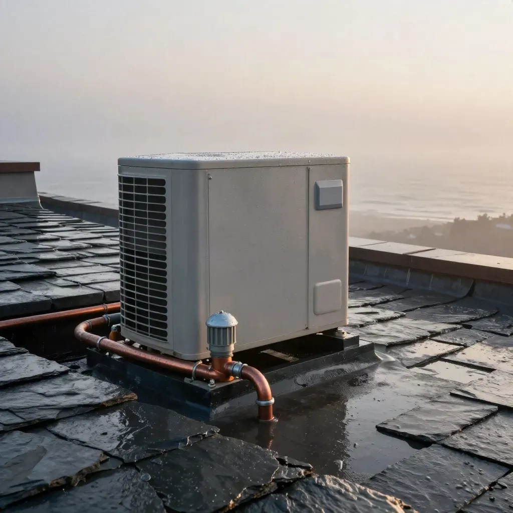 Rooftop heat-pump condenser and ductwork on a wet slate roof in sea fog at dawn.