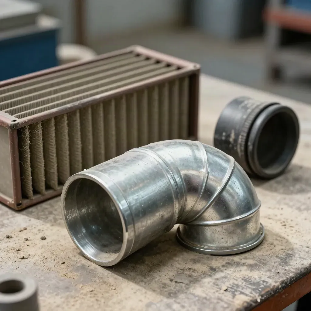 Macro still life of duct elbow, dust cartridge, and hose cuff on a workshop bench.