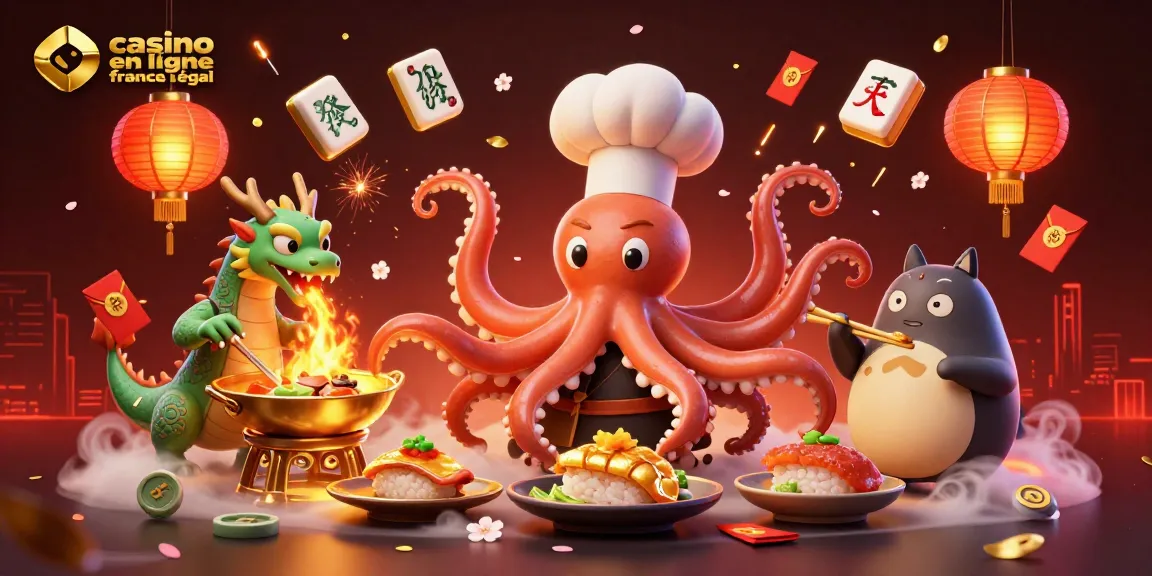 Illustration captivante pour le casino en ligne légal en France, intégrant un poulpe chef de sushi et un dragon de wasabi.