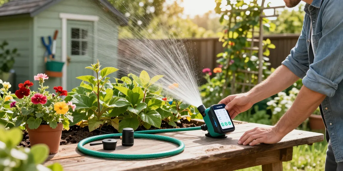Gardening enthusiast adjusting rainpoint Irrigation Controllers amidst vibrant greenery and blooming flowers.