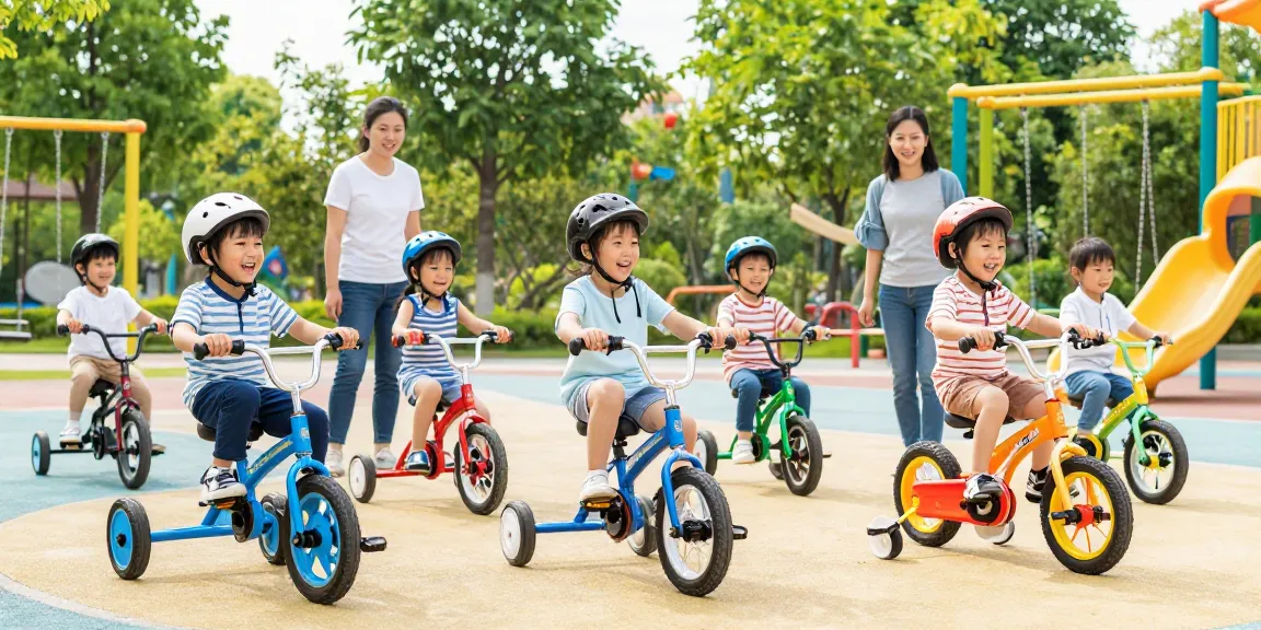 Children joyfully riding the best kids tricycles in a vibrant playground.