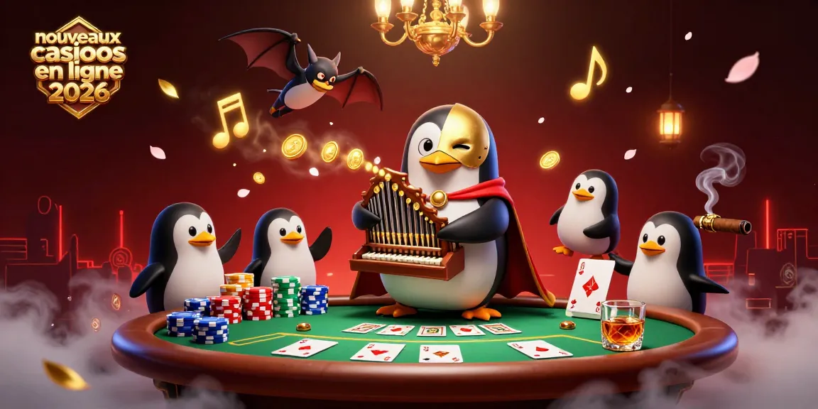 Découvrez l'illustration dynamique des nouveaux casinos en ligne 2026, avec un pingouin phantôme jouant de l'orgue.