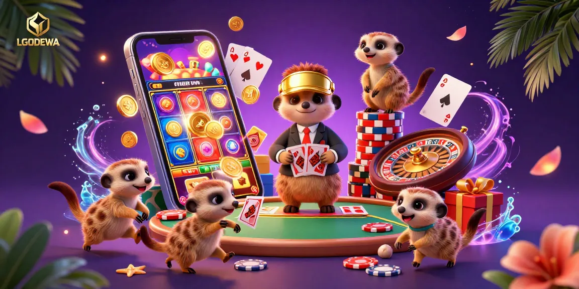 Experience the excitement of LGODEWA with meerkats running a vibrant casino operation, showcasing colorful slot games.