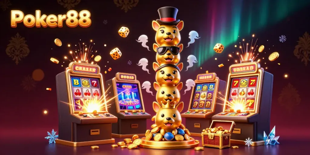 Join the thrill at Poker88 with a vibrant casino scene filled with winning symbols and joyful moments.