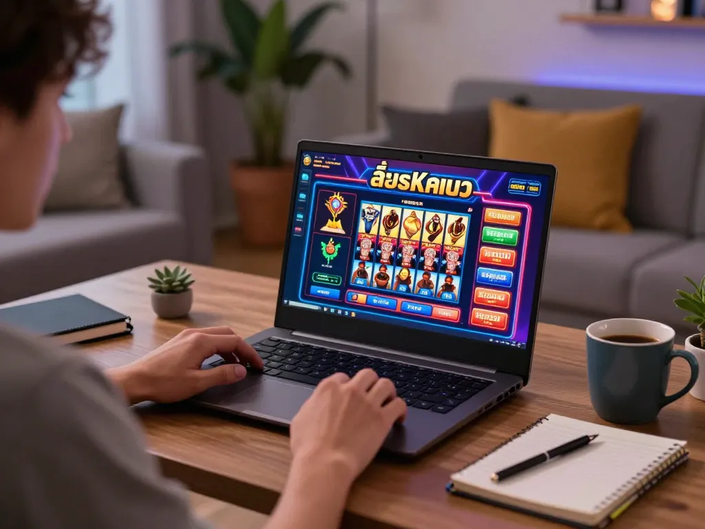 Engaged player exploring สล็อตทดลอง in cozy home setup, laptop screen showing dynamic gameplay with focus on strategic choices.