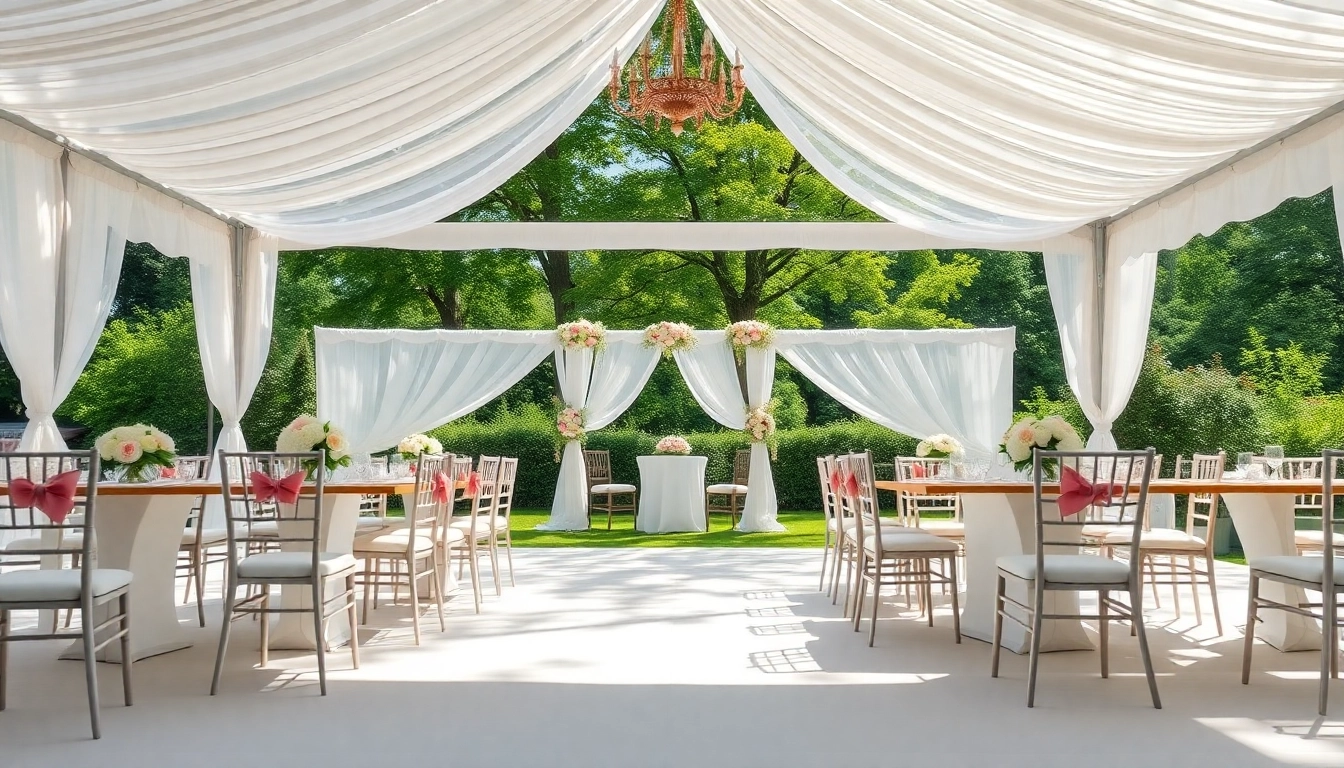 Stunning wedding tent chair & table rentals in a scenic outdoor setting, enhancing the event's festive atmosphere.
