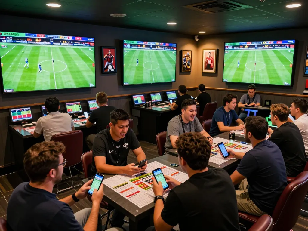 Tỷ lệ kèo bóng đá tv enthusiasts engaging in live sports betting in an energetic lounge