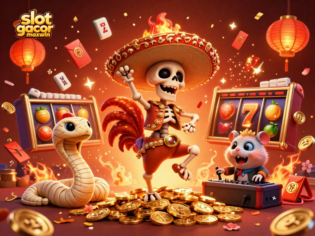 Slot gacor maxwin merayakan kemenangan dengan karakter kasino dan simbol keberuntungan yang bersinar.