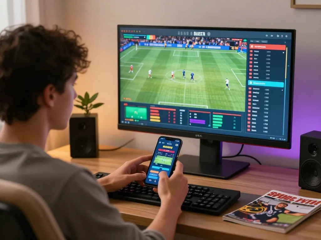 Betting on live sports with 388bet through smartphone, showcasing a dynamic gaming setup.