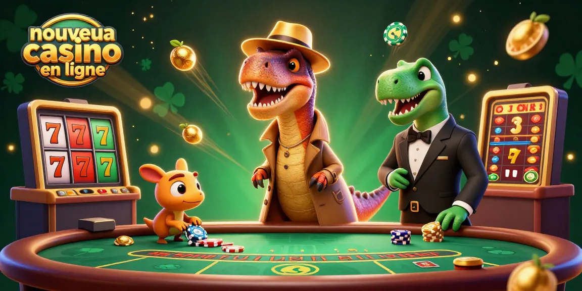 Nouveau casino en ligne avec un velociraptor comptant des cartes au blackjack parmi des symboles de machines à sous.