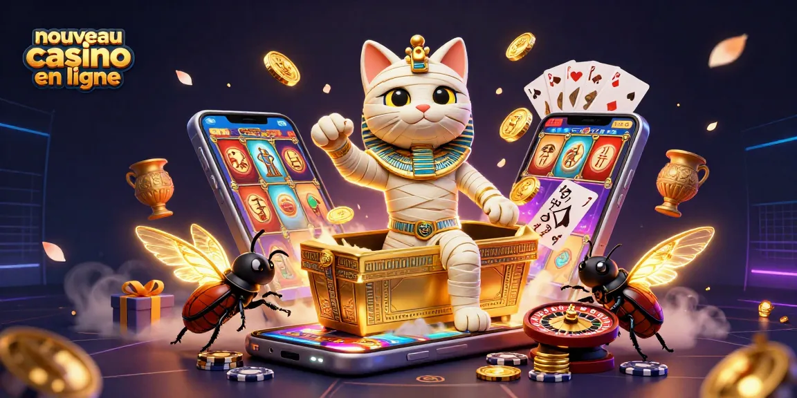 Découvrez un nouveau casino en ligne avec un chat momie égyptien et un scarabée dans un cadre de jeu dynamique.