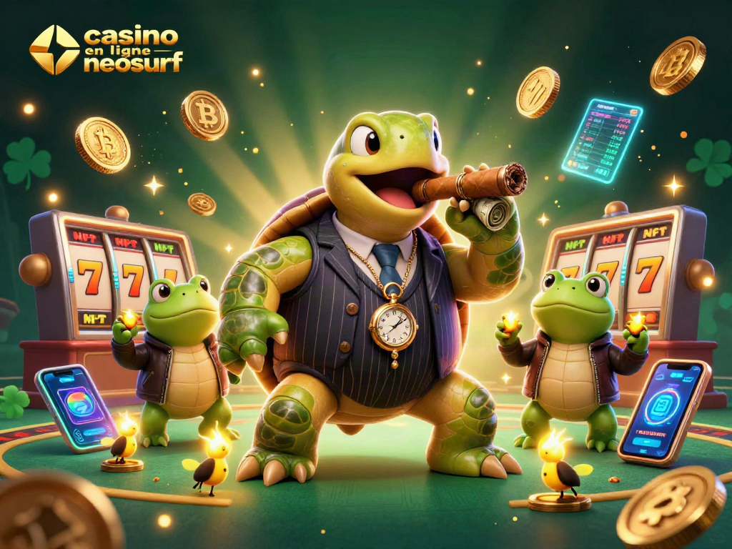 Casino en ligne Neosurf : Une illustration captivante d'un turtle mobster et des bullfrogs dans un cadre de jeu.