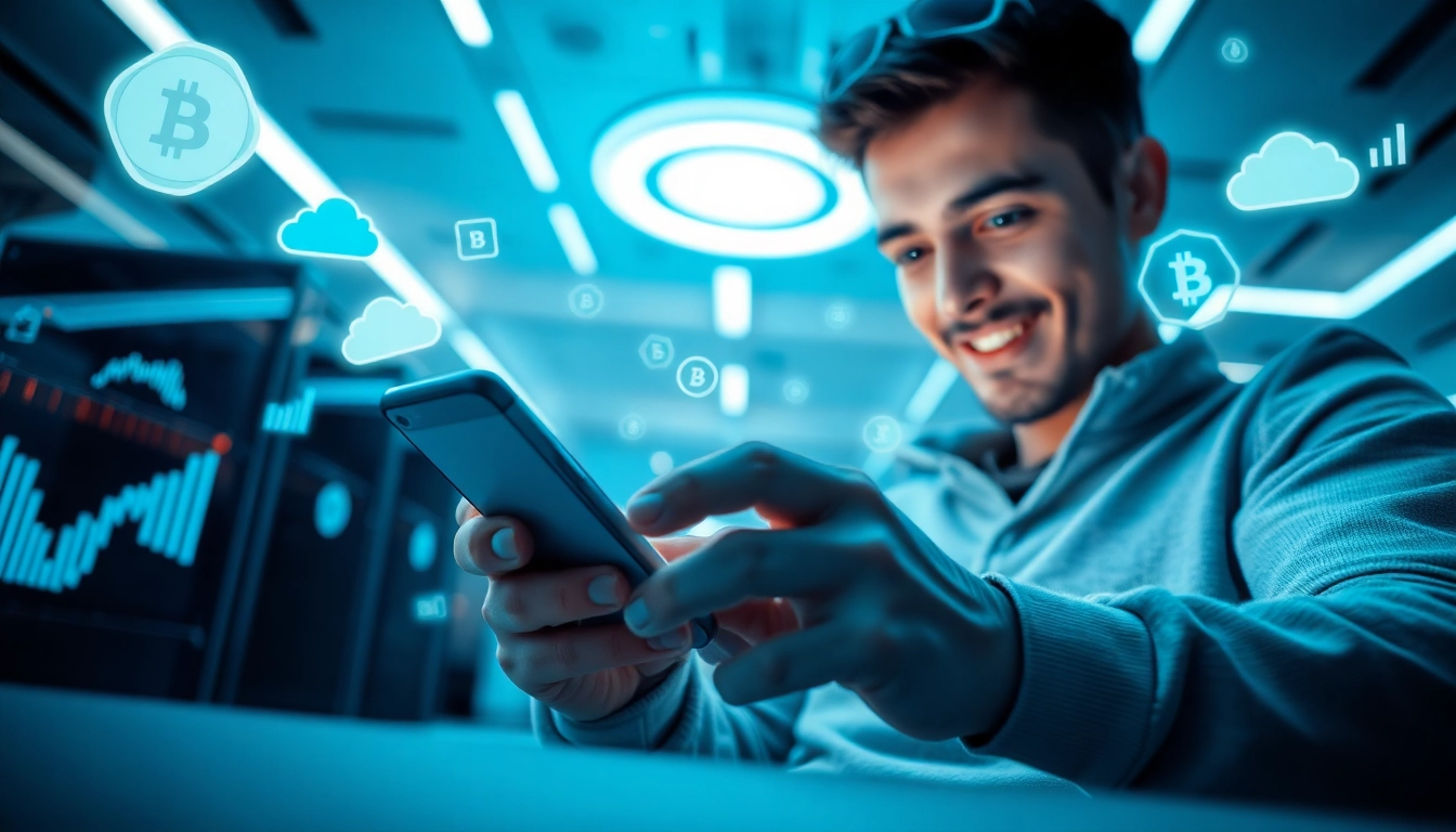Dynamic scene illustrating a user engaging with a cloud mining app on their smartphone, surrounded by digital cryptocurrencies.