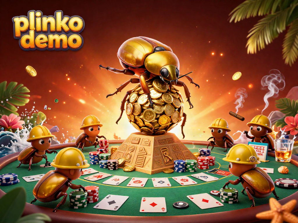 Engage in the exciting plinko demo with 3D beetles and casino elements in a vibrant scene.