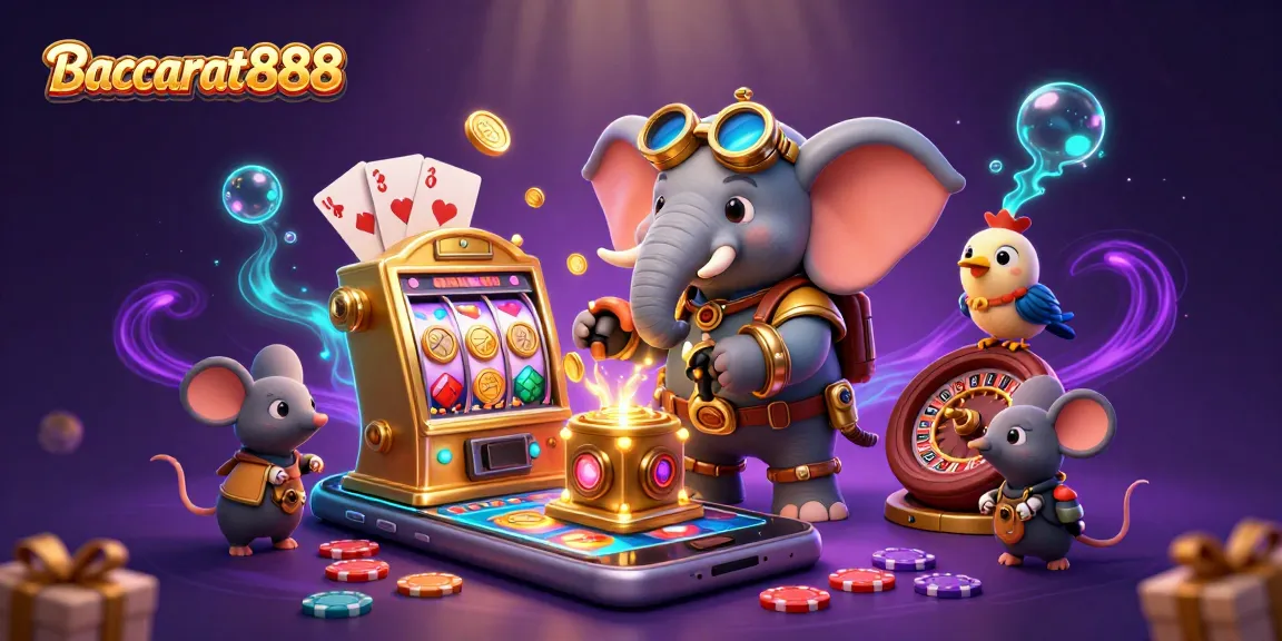 Experience Baccarat888 with a vibrant 3D scene featuring a steampunk elephant and gaming elements.