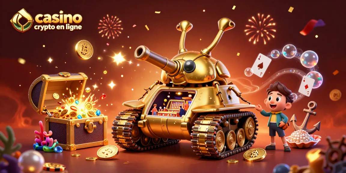 Image d'un casino crypto en ligne sur un char en forme de scarabée doré, avec des décorations festives et des pièces d'or.