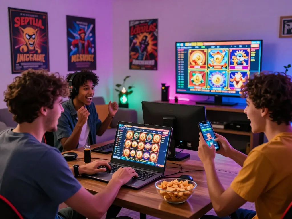 situs slot gacor adegan permainan dengan pemain yang menikmati slot online mendebarkan di suasana rumah yang cerah
