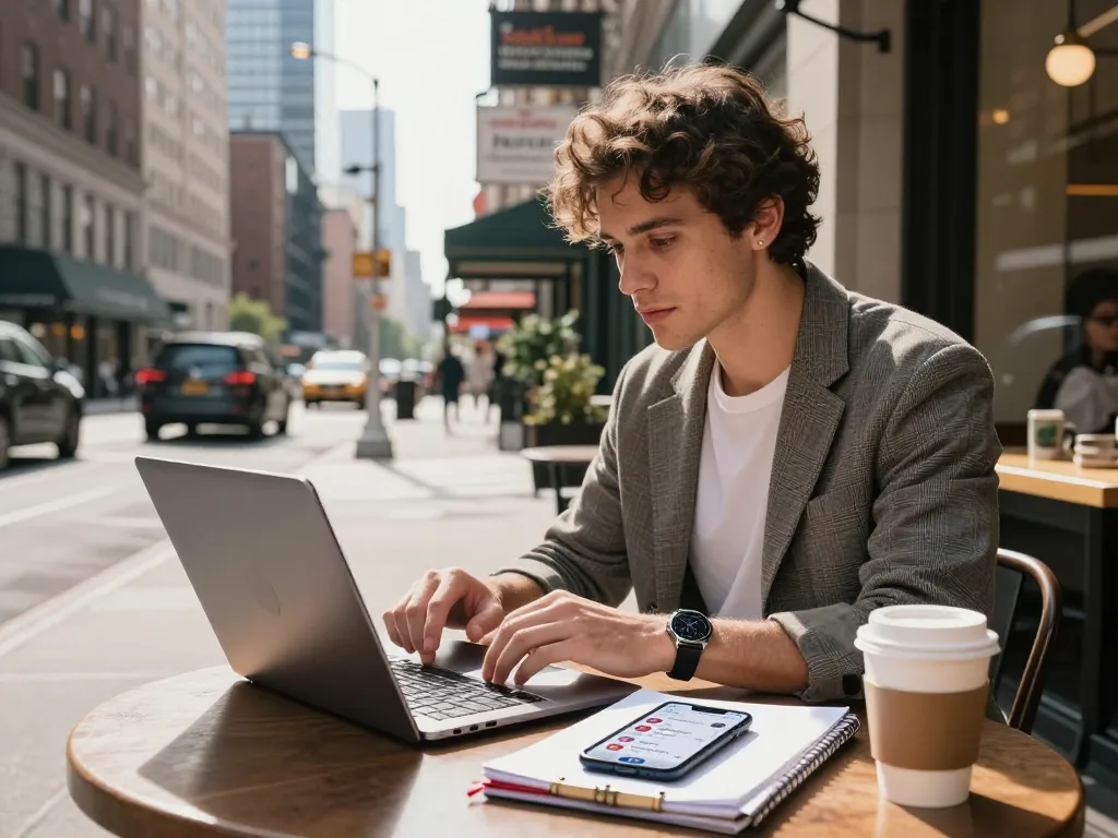 Local SEO NYC marketing professional analyzing metrics in a vibrant New York café.