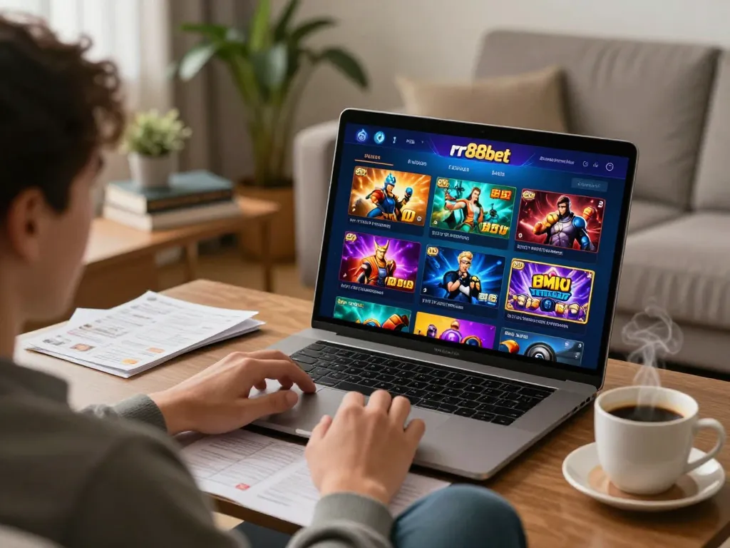 Player enjoying the rr88bet casino app on tablet at home with a cozy setup and gaming strategies.