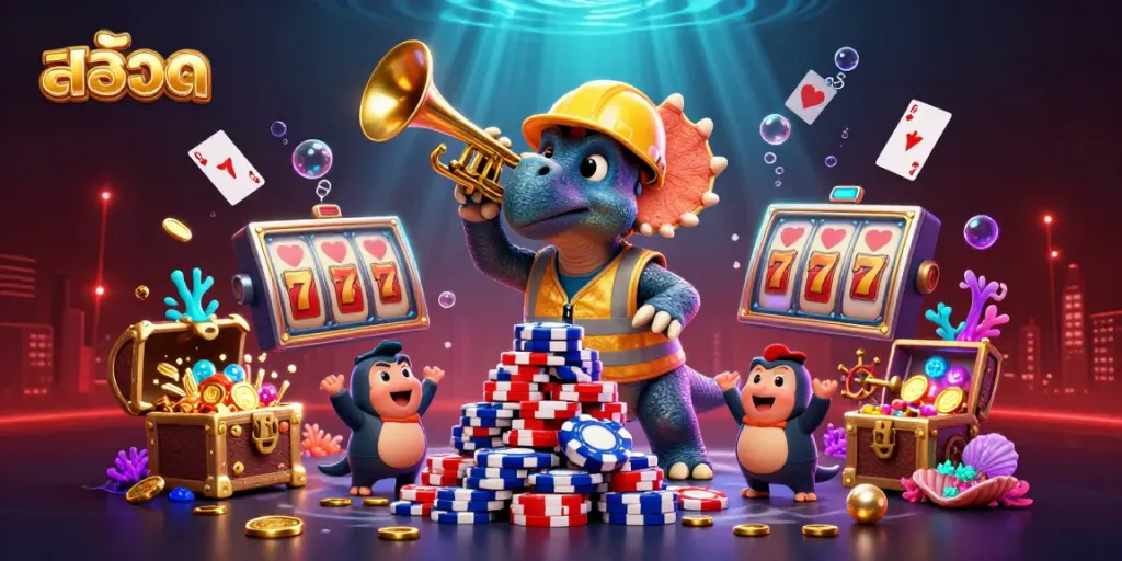 Experience the excitement of สล็อต games with dynamic characters celebrating amidst vibrant casino elements.