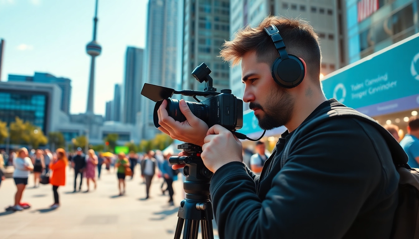 Engaging scene showcasing on-location videography toronto with a professional videographer capturing an event under natural light.