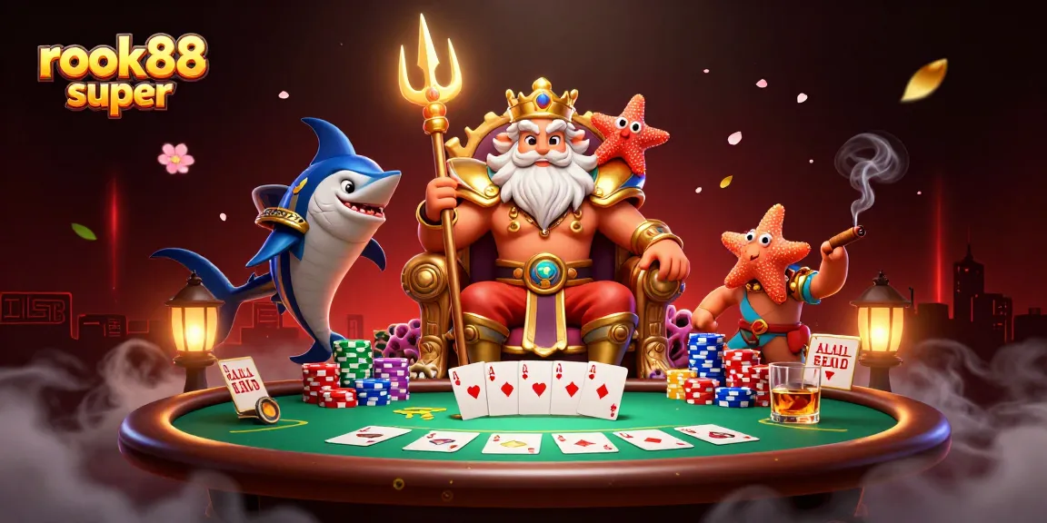 Experience high-stakes excitement with rokok88 super as Neptune commands the poker table in a vibrant scene.