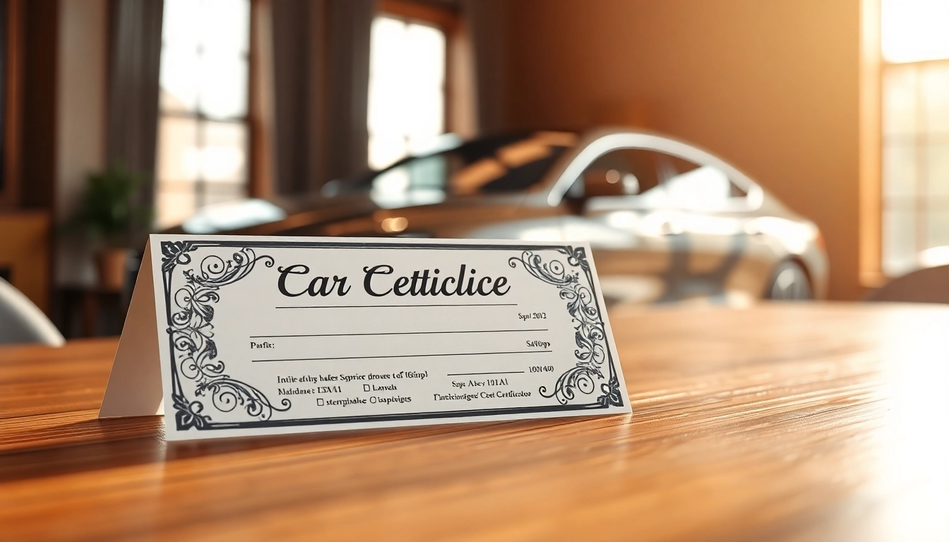 Present a car detailing gift certificate elegantly displayed, showcasing its premium design.