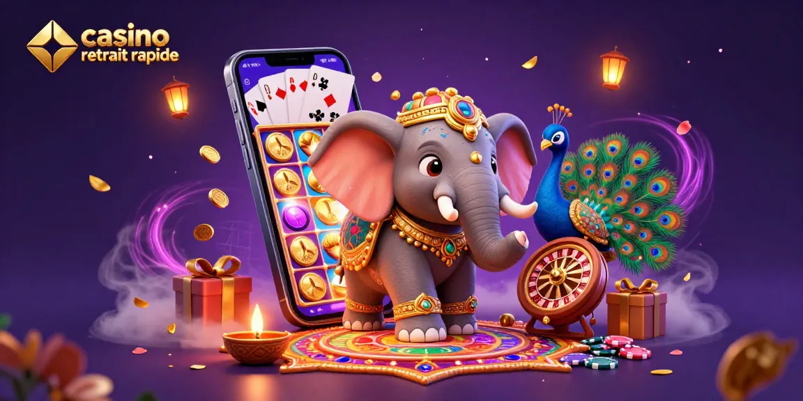 Illustration animée d'un éléphant doré et d'un paon dans un contexte de casino avec casino retrait rapide.