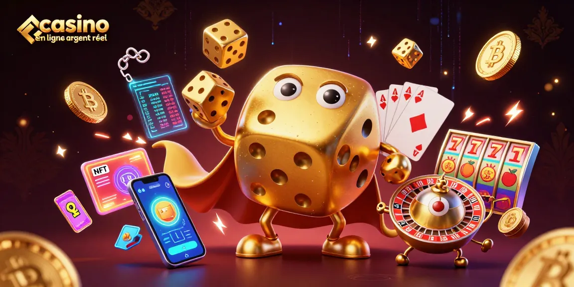Jouer au casino en ligne argent réel avec des dés dorés et des éléments lumineux.
