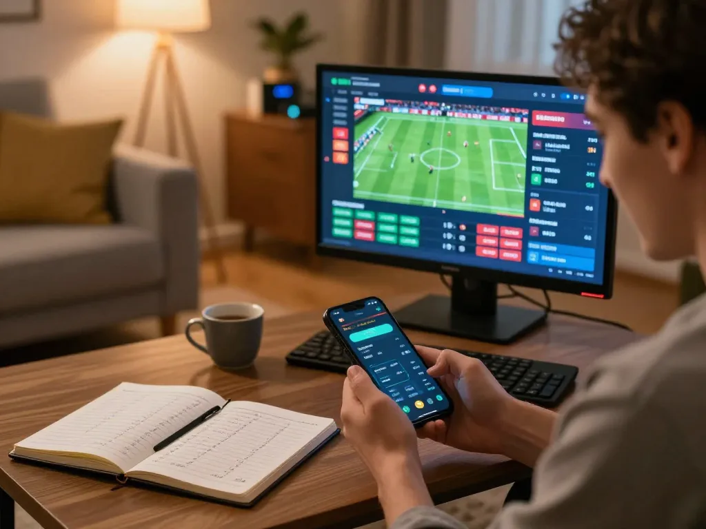 Interactive online sports betting action on smartphone while enjoying a cozy evening at home, featuring 888top trang chủ branding.