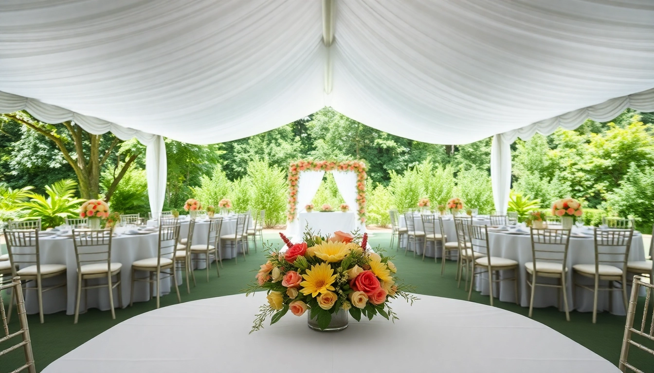 Stylish wedding tent chair & table rentals displayed in a lush outdoor setting.