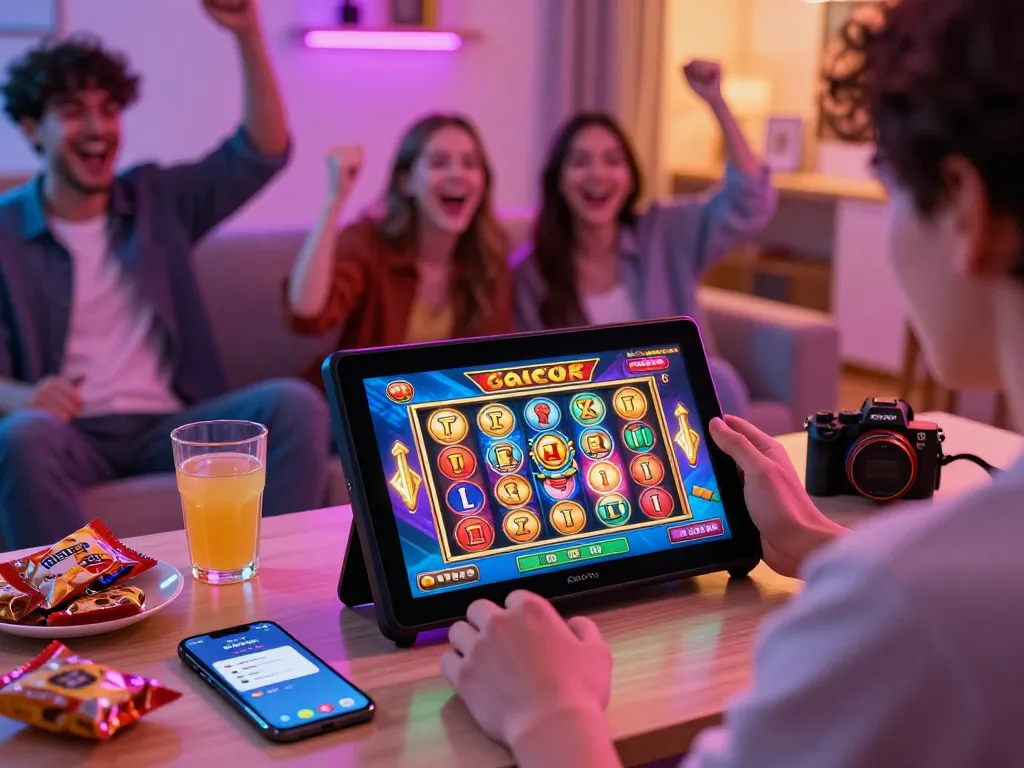 Situs slot gacor gaming session with vibrant graphics, engaging atmosphere, and modern setting.