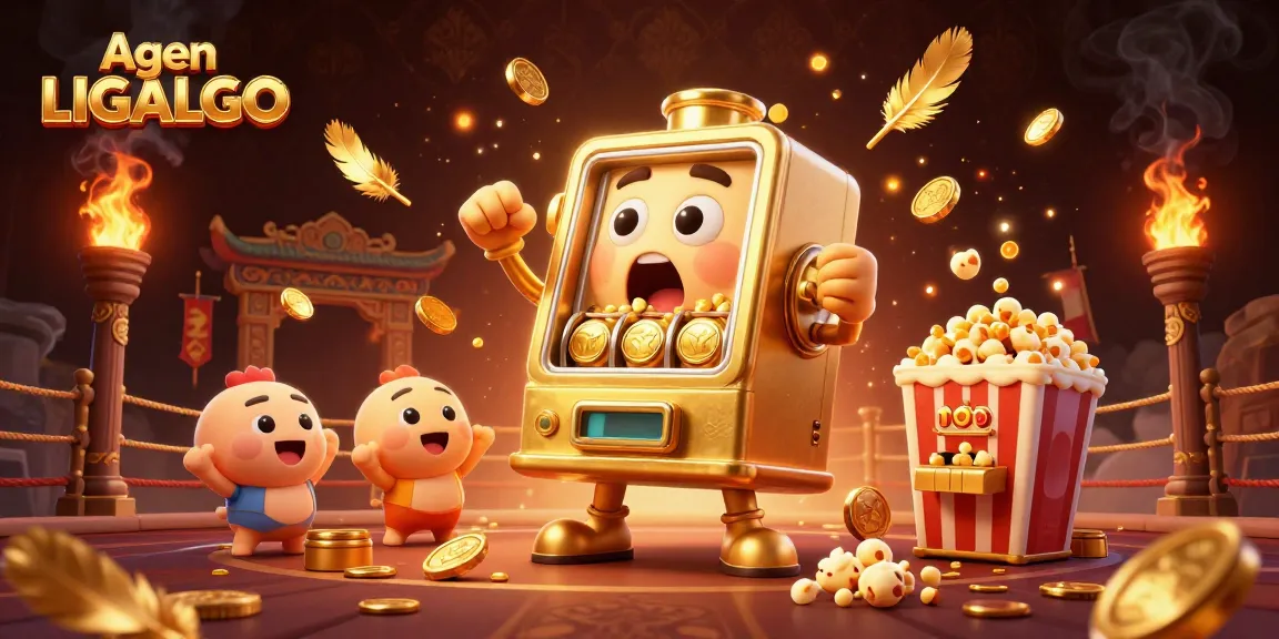 Agen LIGALGO showcases thrilling gameplay as a golden slot machine hits the jackpot amid cheering baby slots.
