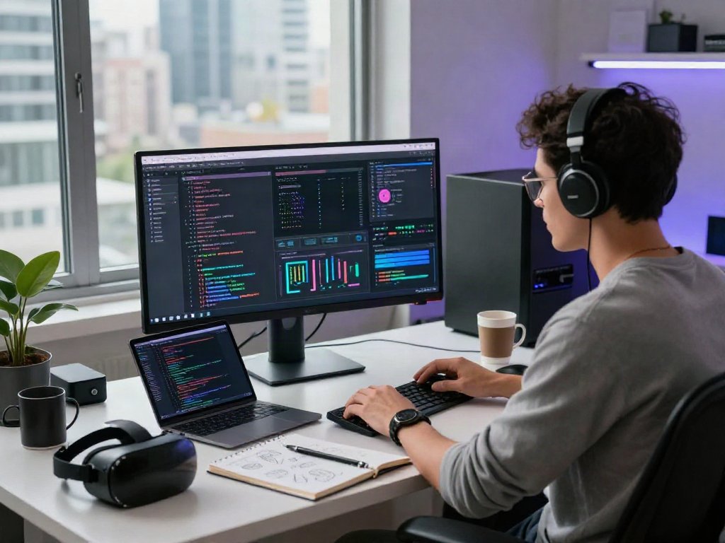 Programmer focused on NSFW AI algorithms in a modern workspace, showcasing tech gadgets and vibrant city views.