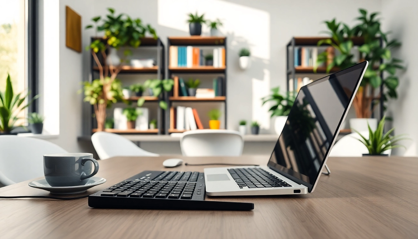 Typing center with a modern workspace showcasing productivity tools and organization.