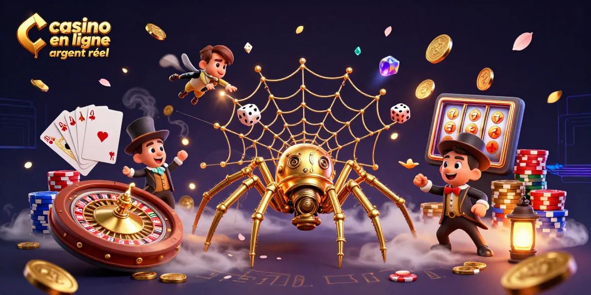 Attrapez des gains sur le casino en ligne argent réel avec une araignée steampunk et des jetons colorés.